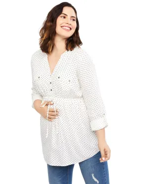 2 Pocket Convertible Sleeve Maternity Top in Cream & Black Dot