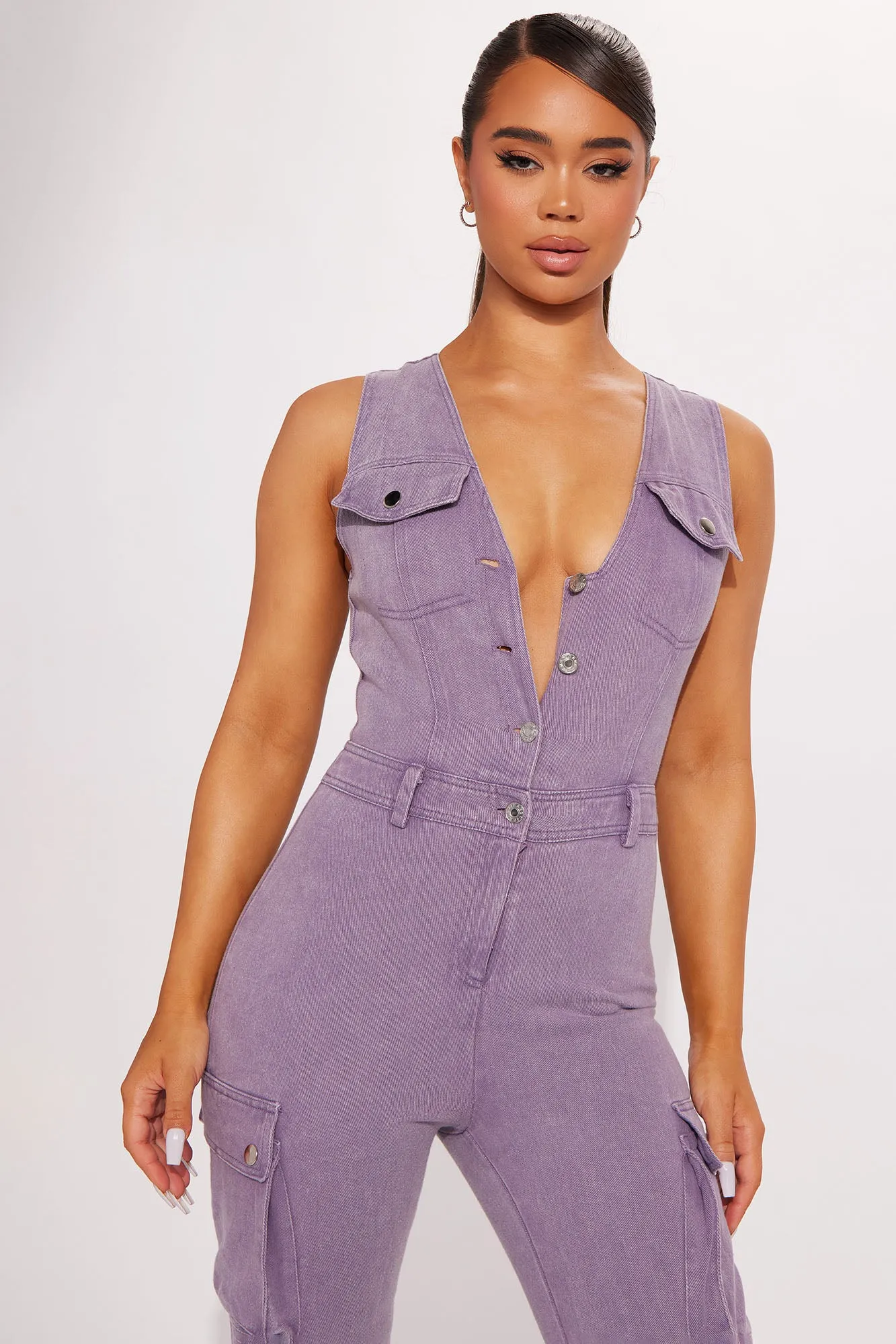 Ava Cargo Denim Jumpsuit - Purple