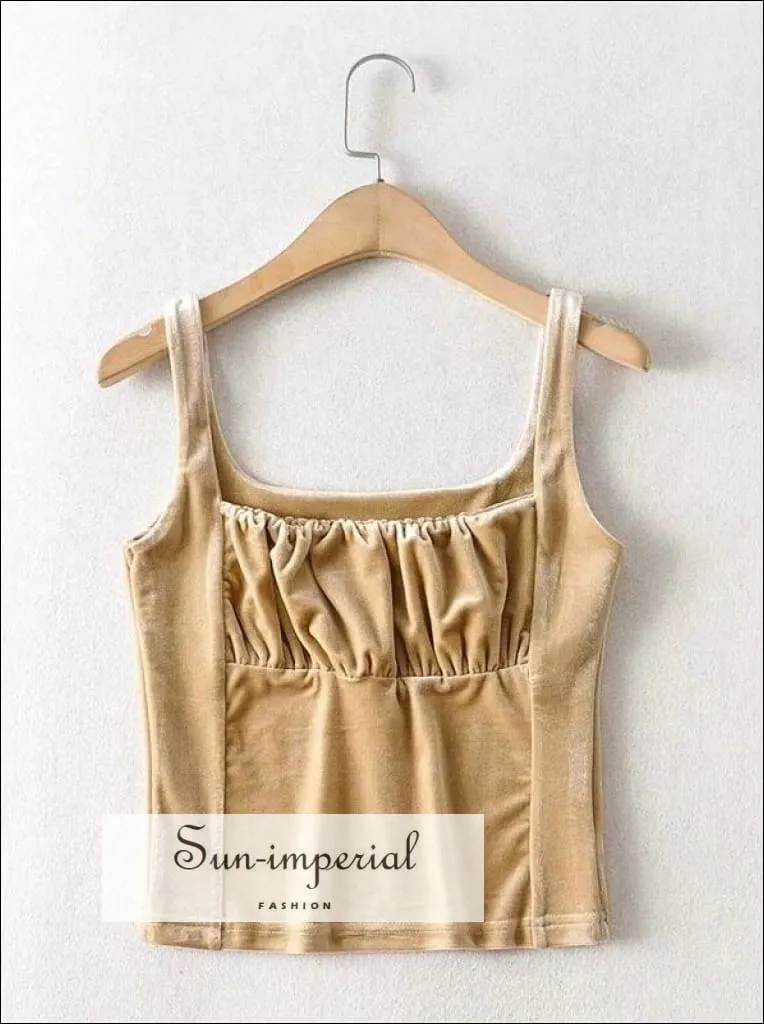 Beige Draped front Velvet Tank top Ruched front Velvet Tank