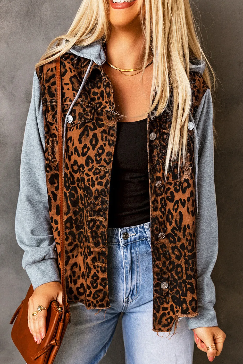 Brown Leopard Ripped Hooded Denim Jacket