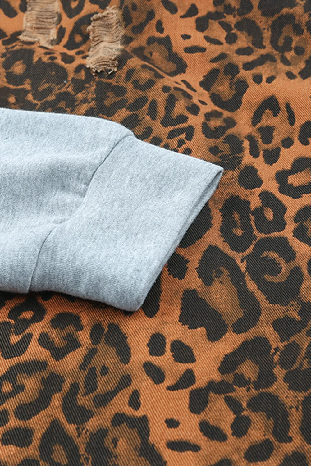Brown Leopard Ripped Hooded Denim Jacket