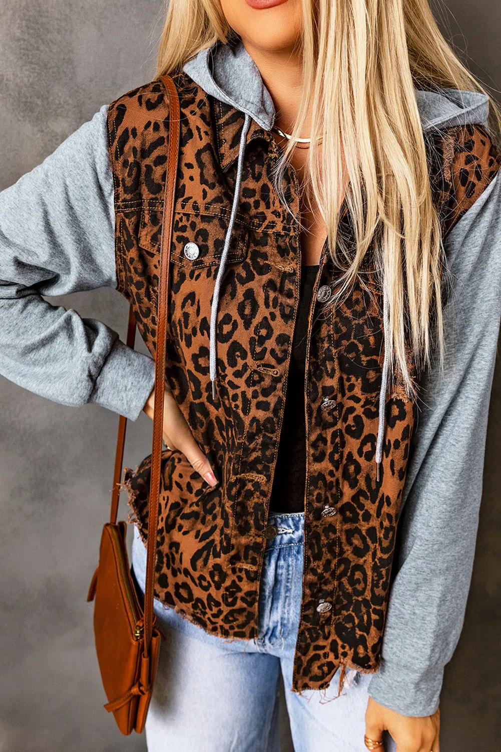 Brown Leopard Ripped Hooded Denim Jacket