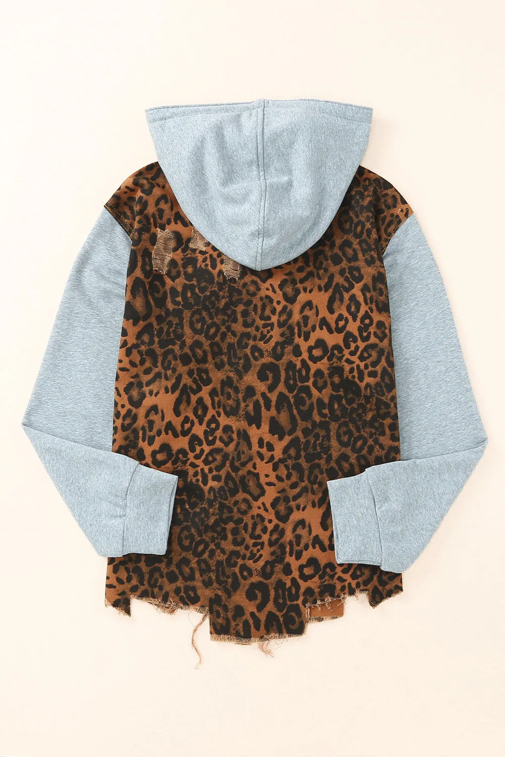 Brown Leopard Ripped Hooded Denim Jacket