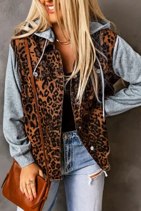 Brown Leopard Ripped Hooded Denim Jacket