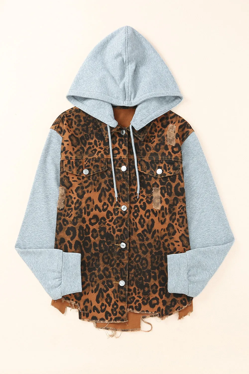 Brown Leopard Ripped Hooded Denim Jacket