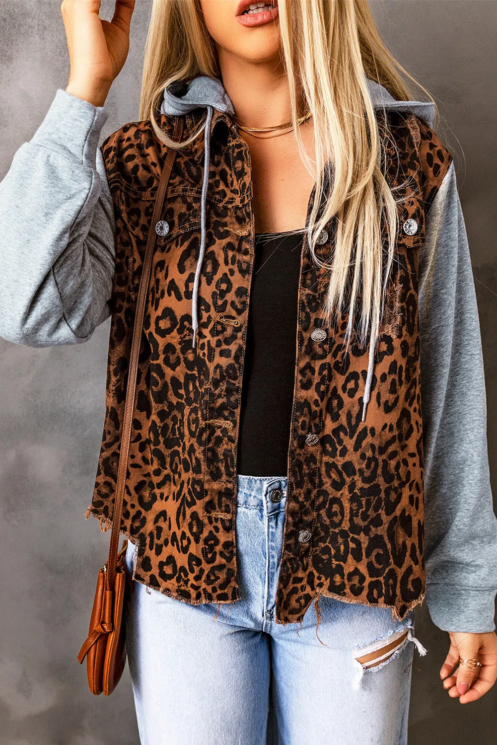 Brown Leopard Ripped Hooded Denim Jacket