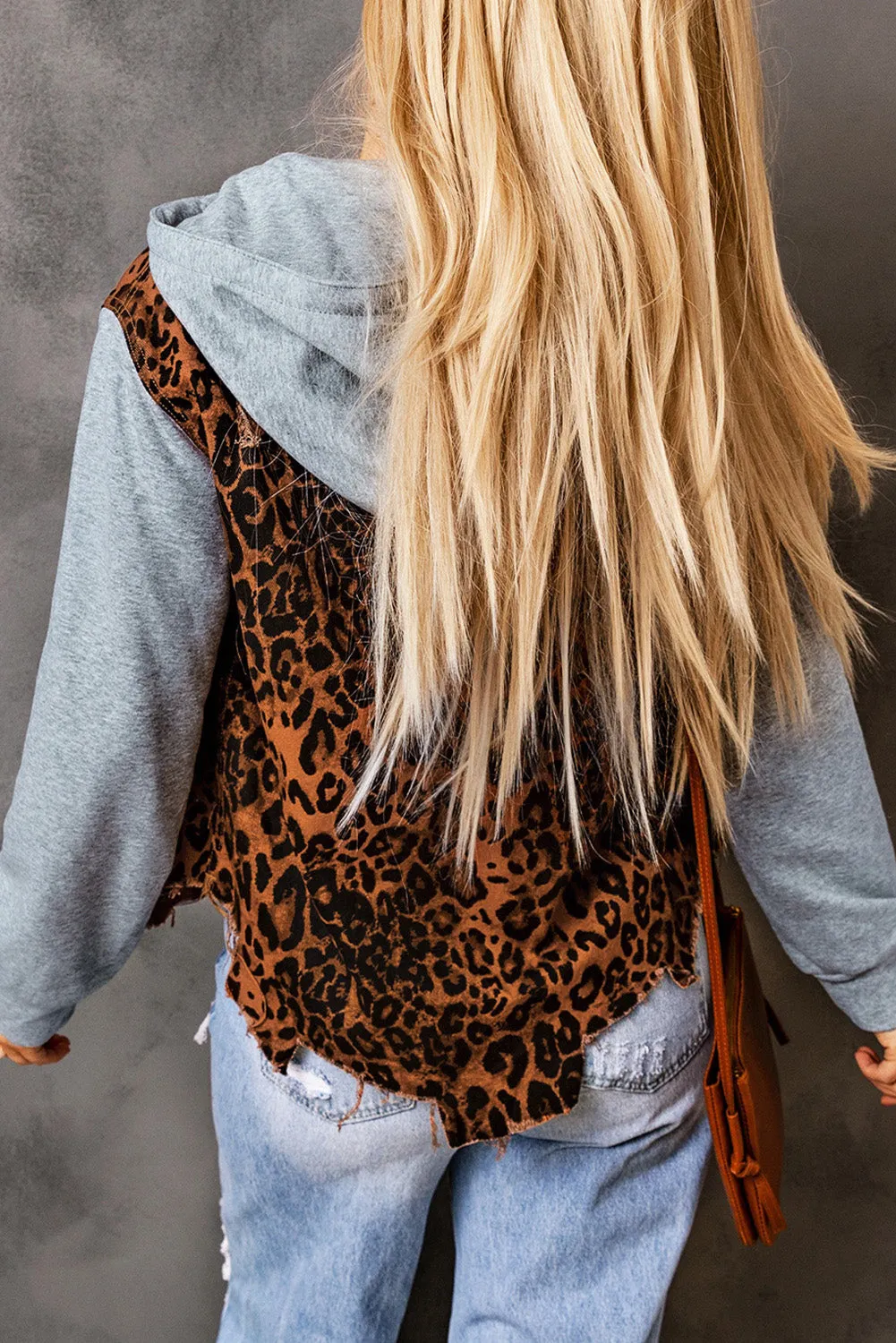 Brown Leopard Ripped Hooded Denim Jacket