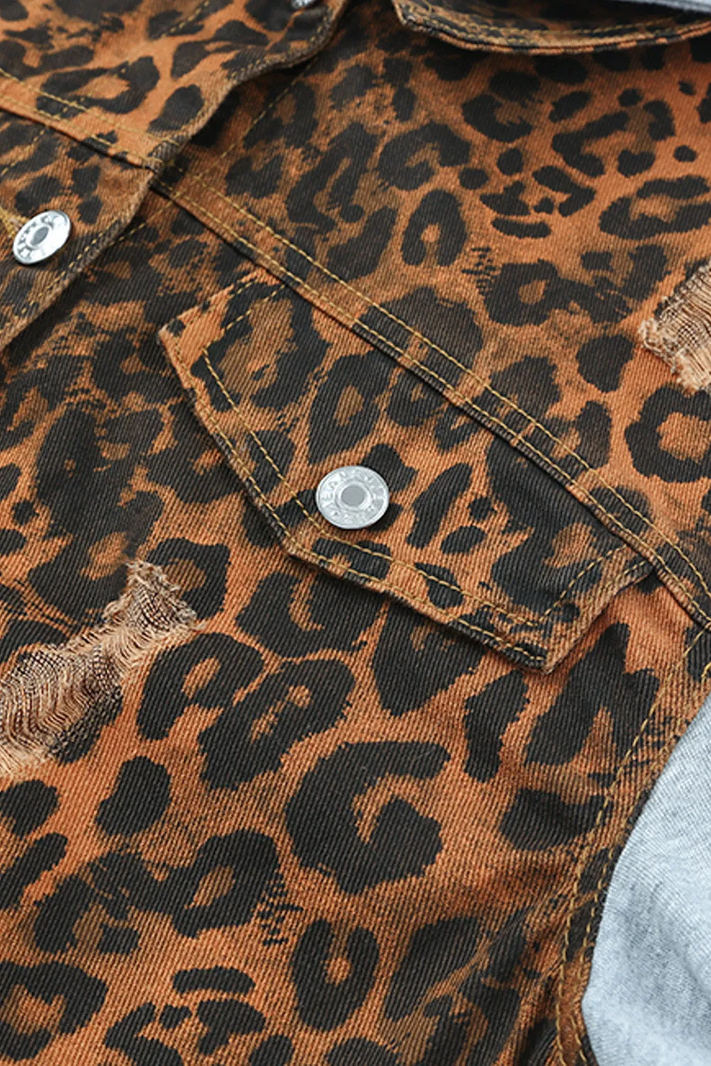 Brown Leopard Ripped Hooded Denim Jacket