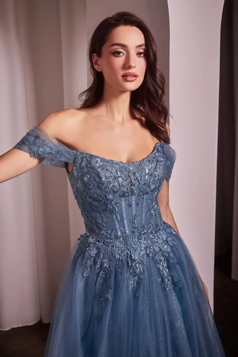 DAVIE Off Shoulder Lace Applique Glitter Ball Gown Dress