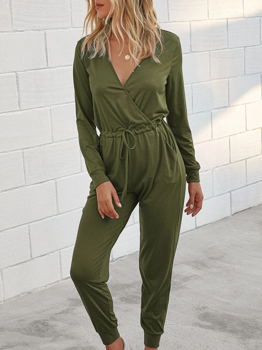 Deep V-Neck Long Sleeve Slim Fit Jumpsuit