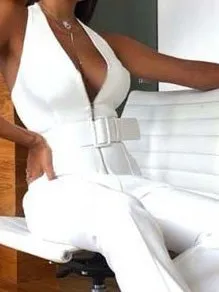 Deep V-Neck Sleeveless Belt Casual Jumpsuit