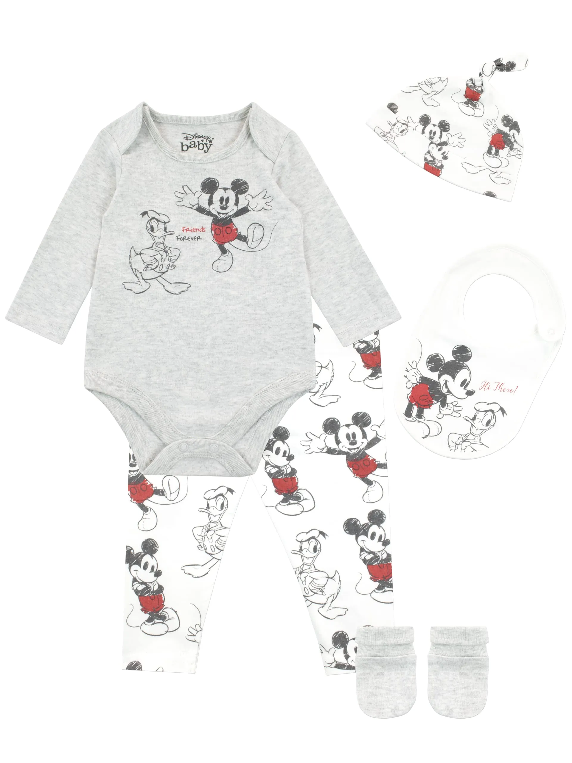 Disney Baby Boys Mickey Mouse and Donald Duck Bodysuit with Hat and Bib Outfit 5 Piece Set Multicoloured 3-6 Months