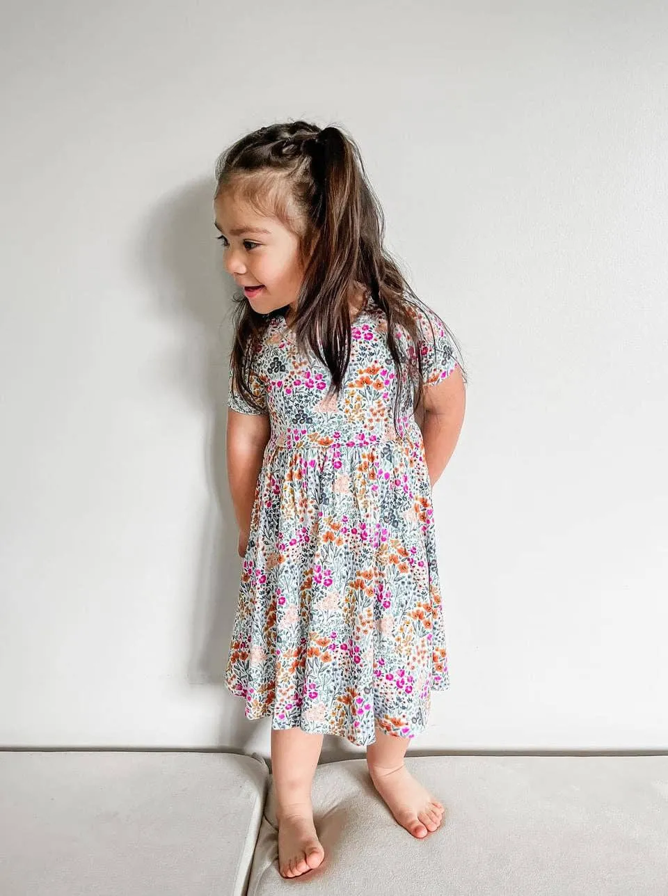 Early Grey - Bamboo Twirl Dress - Teal Wildflowers