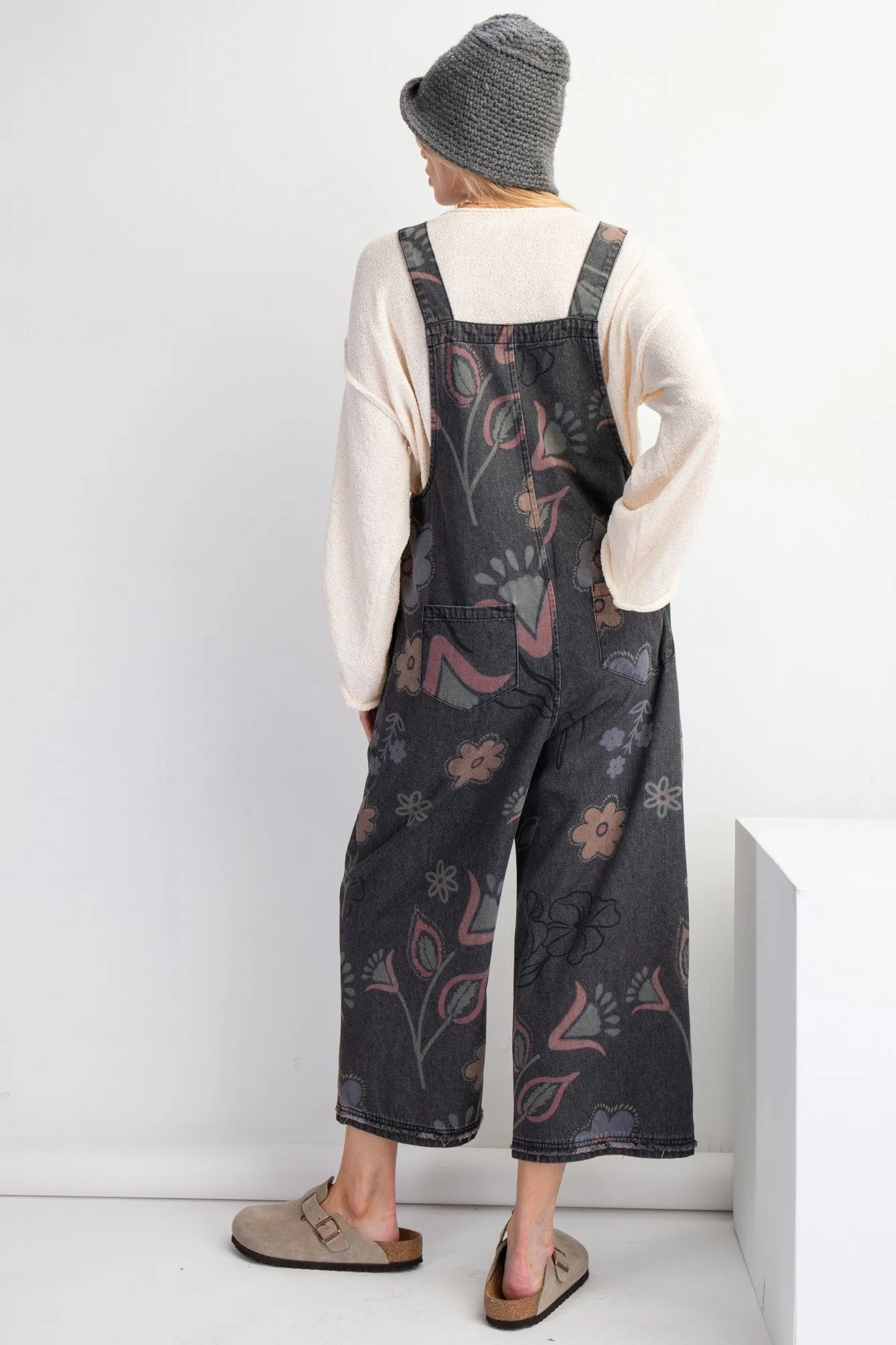 Easel Washed Floral Print Jumpsuit in Black Denim