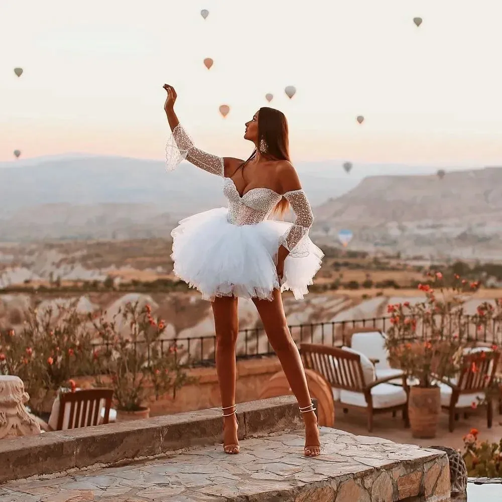 Elegant Off-Shoulder A-Line Bridal Dress with Fluffy Layered Sleeves for Beach Weddings