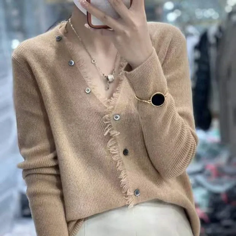 Fashionkova  European Station Spring And Autumn Thin V Neck Fringe Cashmere Knitted Cardigan Women Loose And Versatile Wool Edge Wool Coat