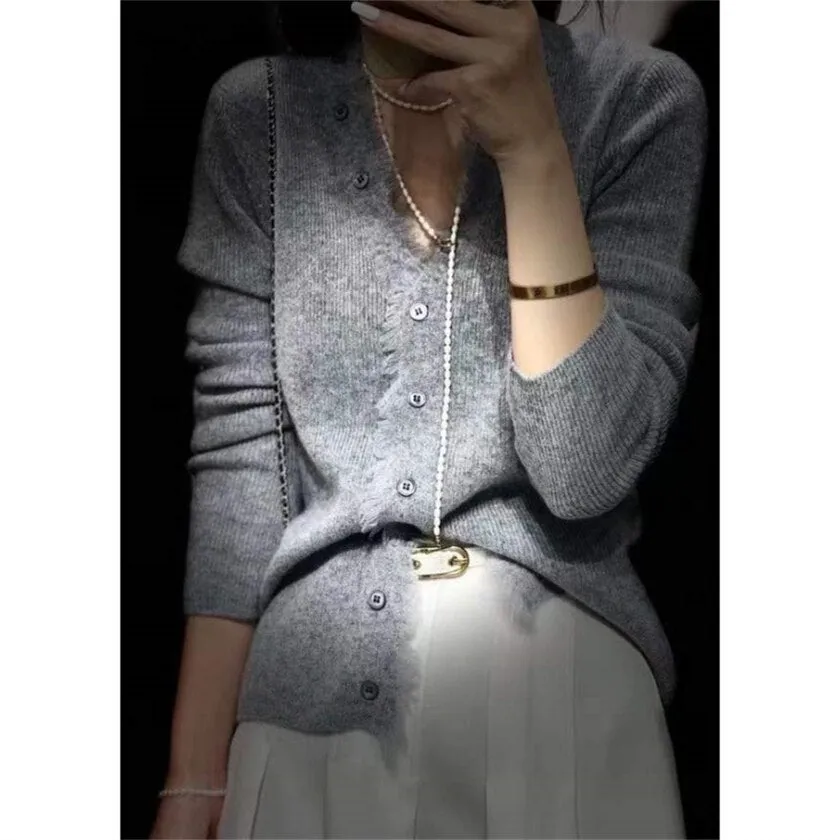 Fashionkova  European Station Spring And Autumn Thin V Neck Fringe Cashmere Knitted Cardigan Women Loose And Versatile Wool Edge Wool Coat