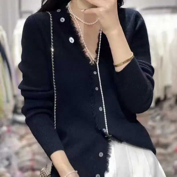 Fashionkova  European Station Spring And Autumn Thin V Neck Fringe Cashmere Knitted Cardigan Women Loose And Versatile Wool Edge Wool Coat