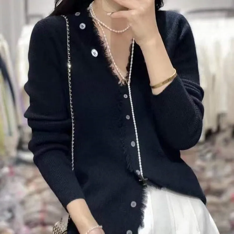 Fashionkova  European Station Spring And Autumn Thin V Neck Fringe Cashmere Knitted Cardigan Women Loose And Versatile Wool Edge Wool Coat