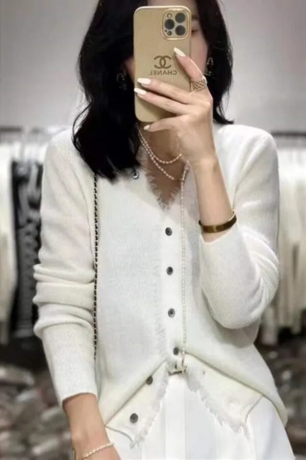 Fashionkova  European Station Spring And Autumn Thin V Neck Fringe Cashmere Knitted Cardigan Women Loose And Versatile Wool Edge Wool Coat