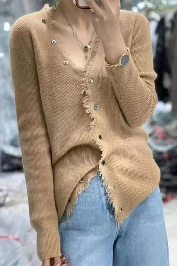 Fashionkova  European Station Spring And Autumn Thin V Neck Fringe Cashmere Knitted Cardigan Women Loose And Versatile Wool Edge Wool Coat