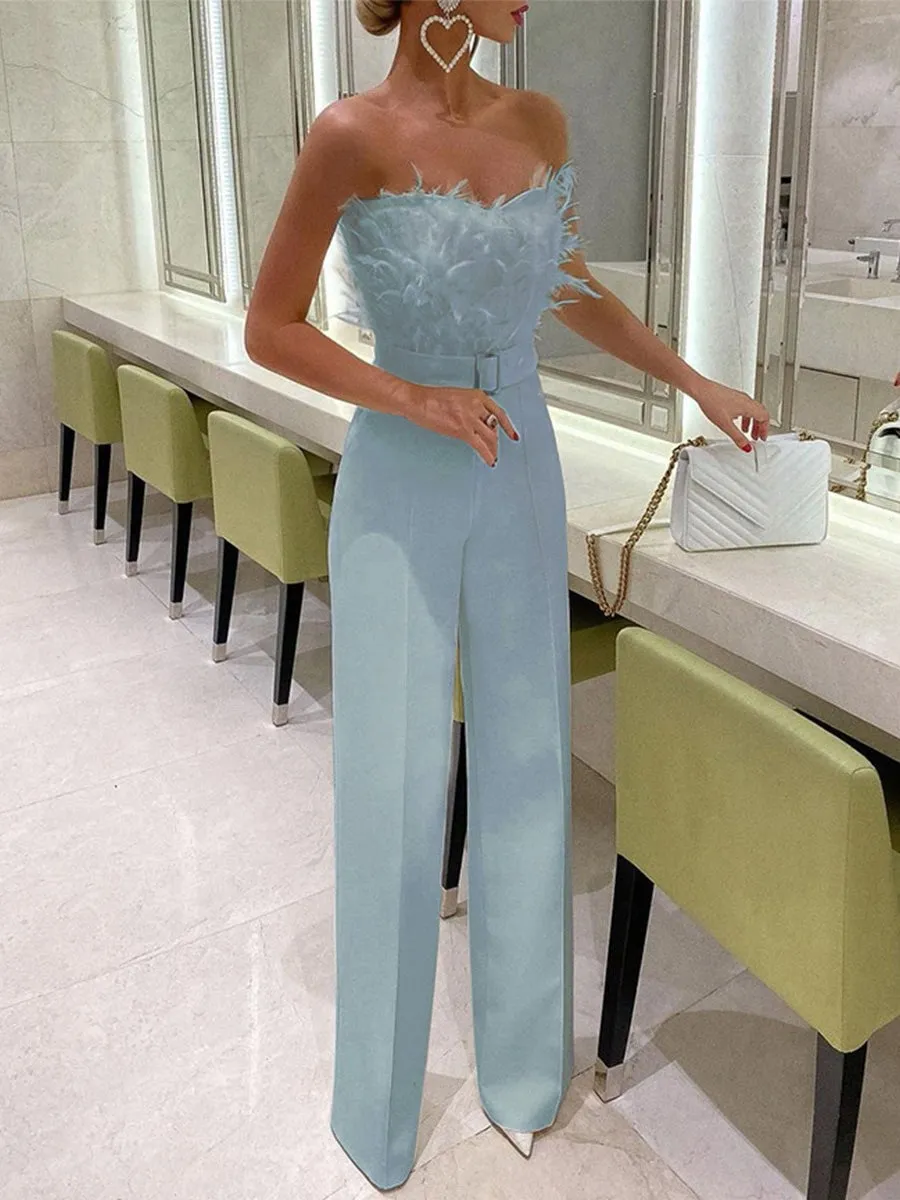 Feather Bandeau Belt Jumpsuit