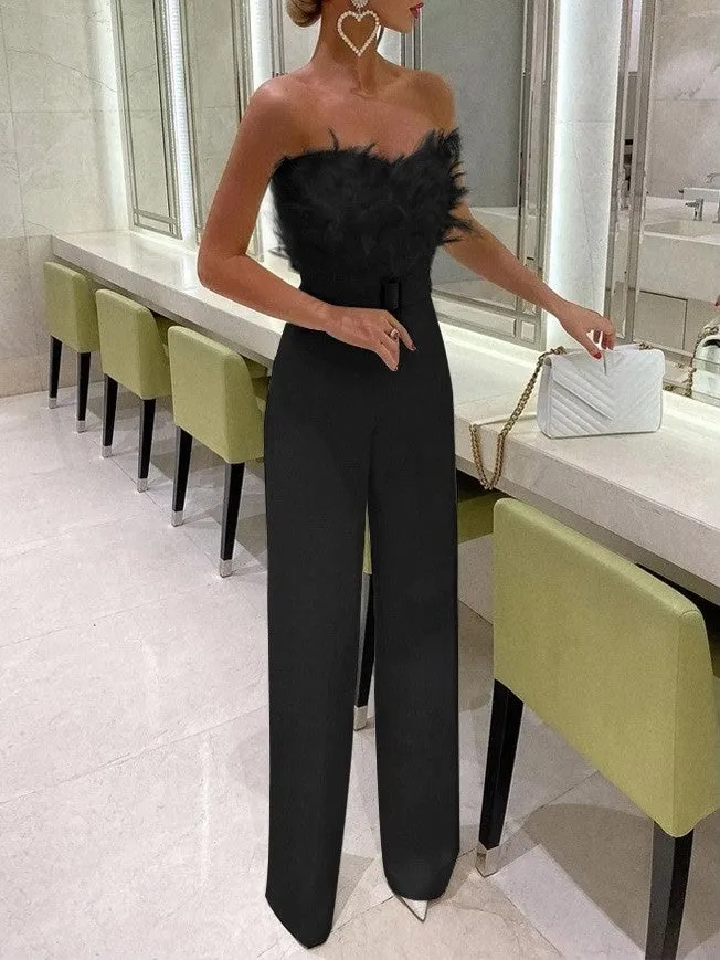 Feather Bandeau Belt Jumpsuit