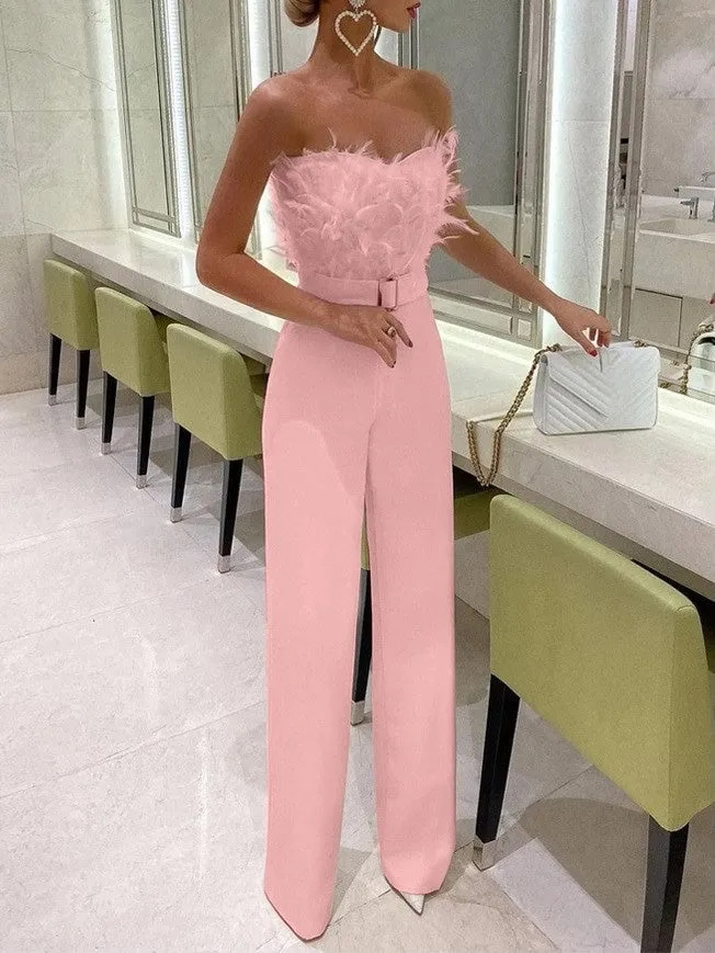 Feather Bandeau Belt Jumpsuit
