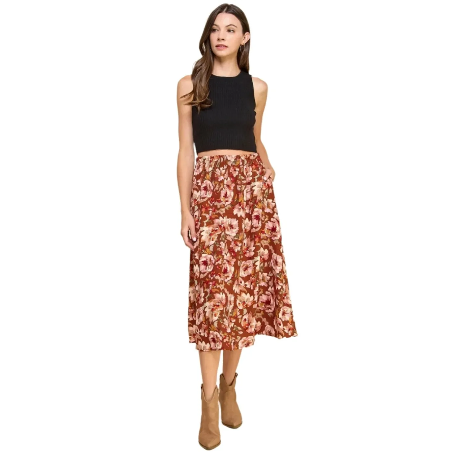 Floral Layered Maxi Skirt -  Red/Brown - Made in USA