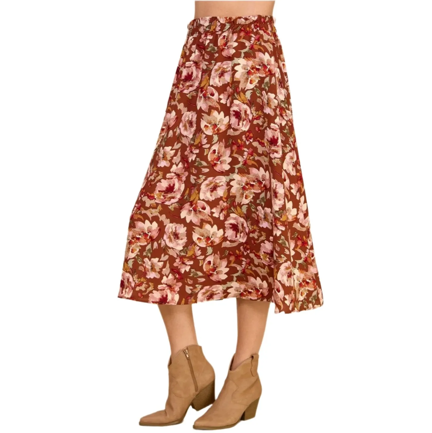 Floral Layered Maxi Skirt -  Red/Brown - Made in USA
