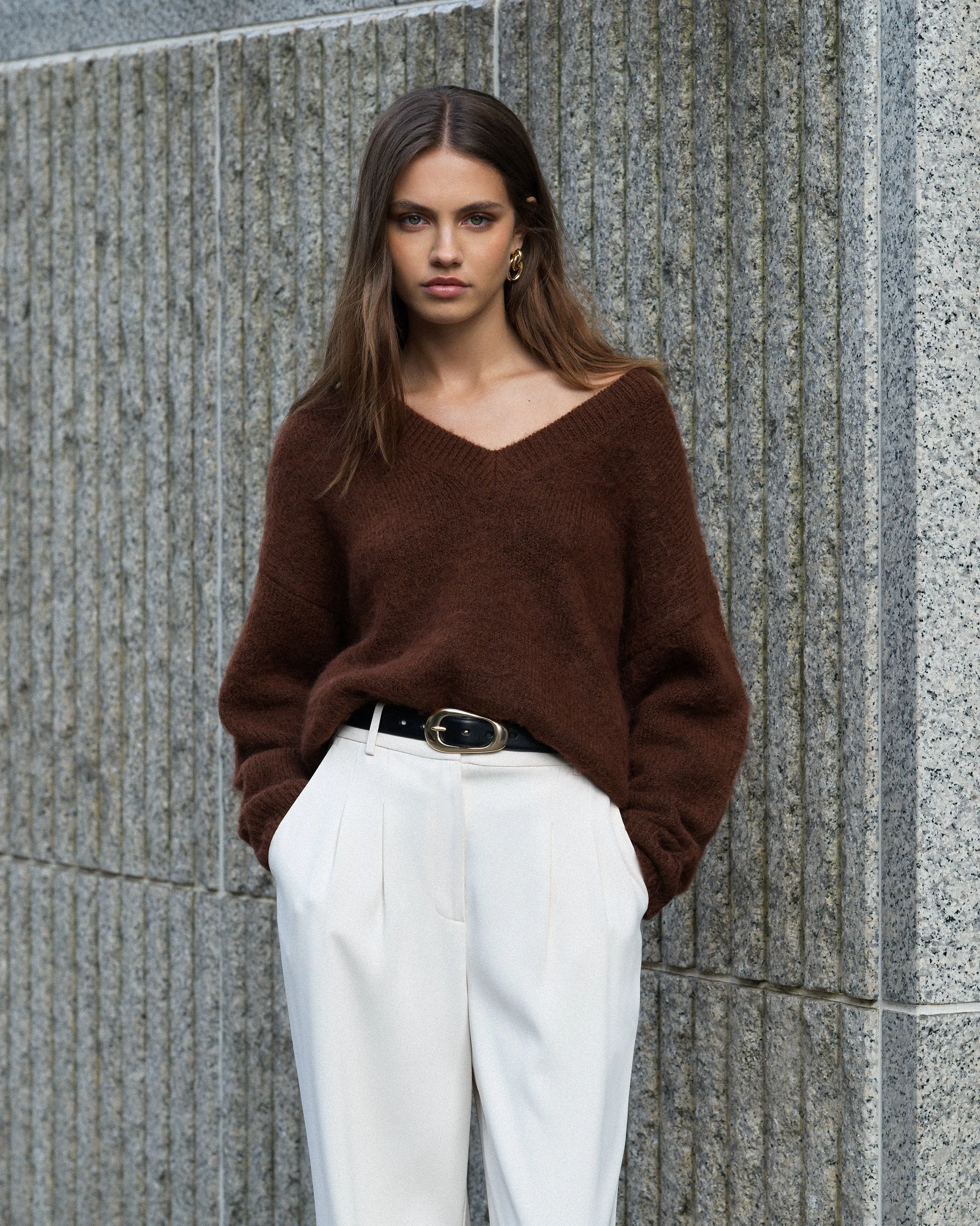 Fluffy Knit V Neck Oversized Sweater