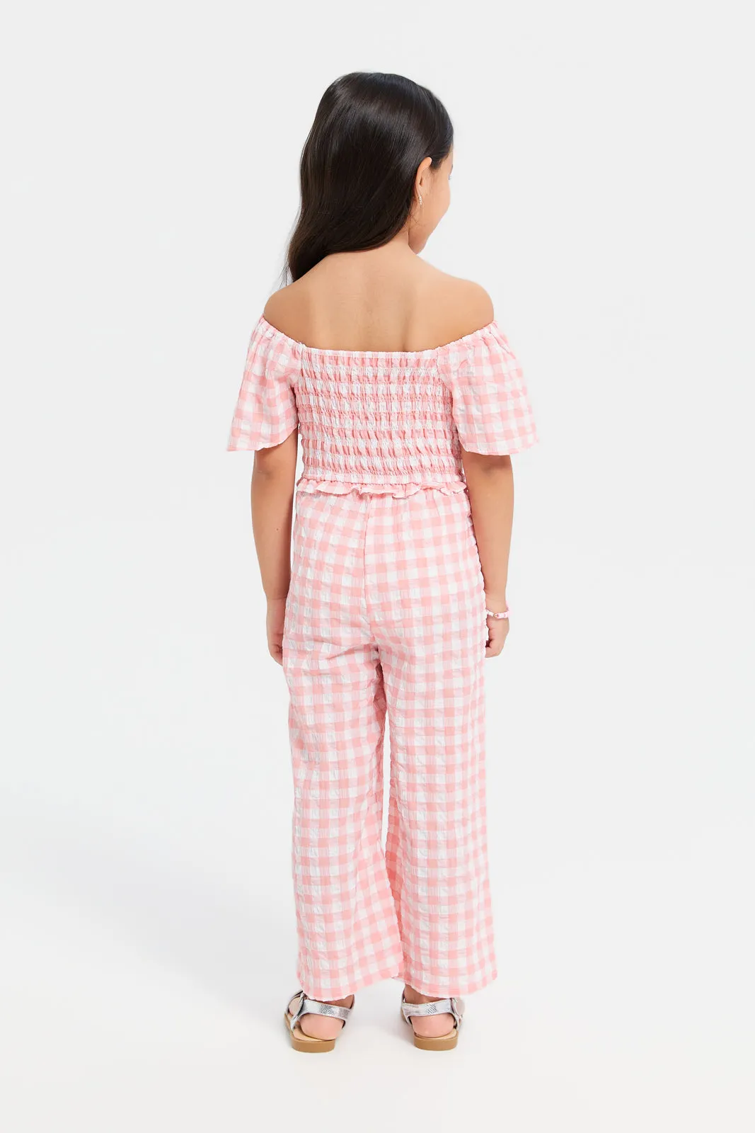 Girls Pink Checkered Jumpsuit