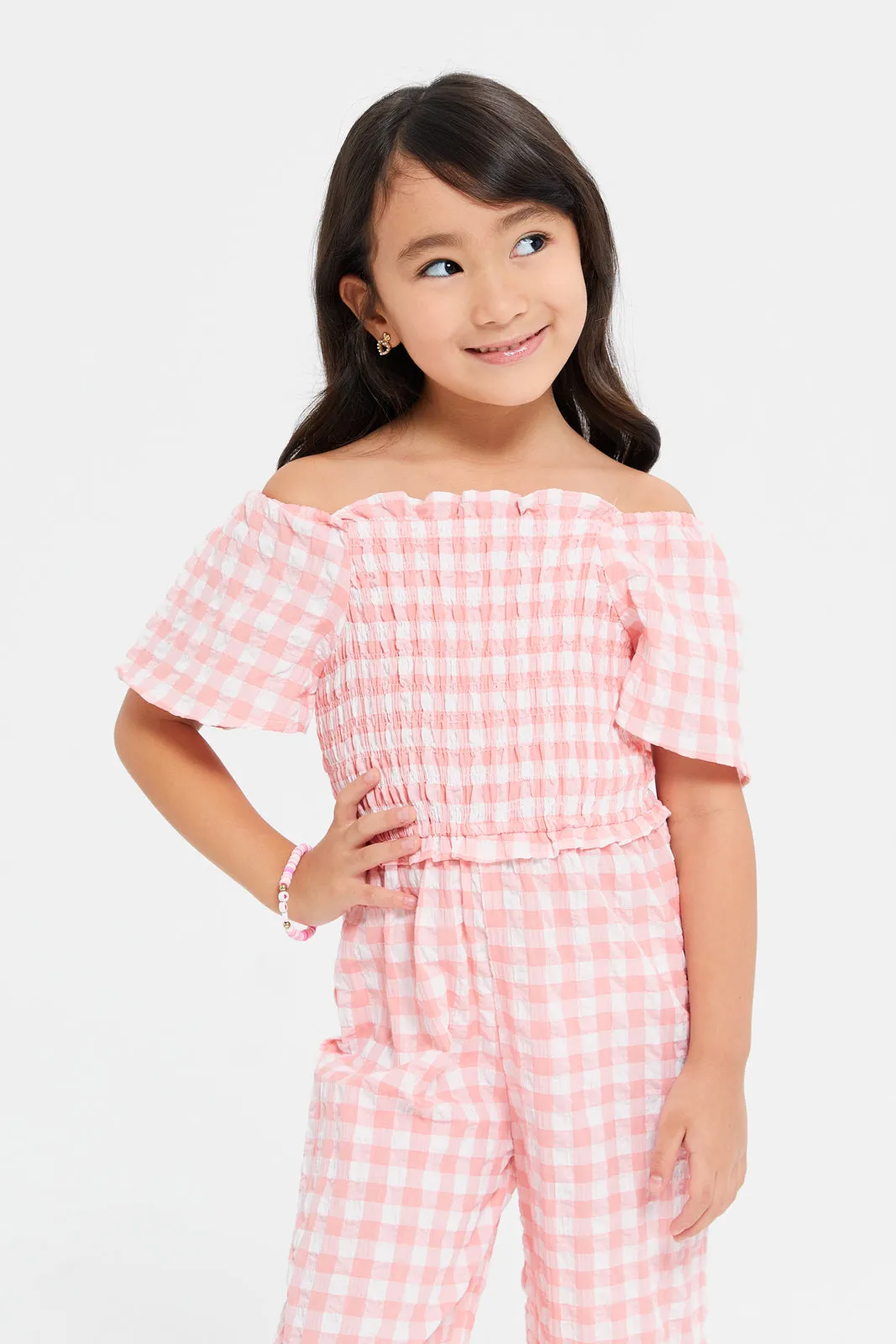 Girls Pink Checkered Jumpsuit