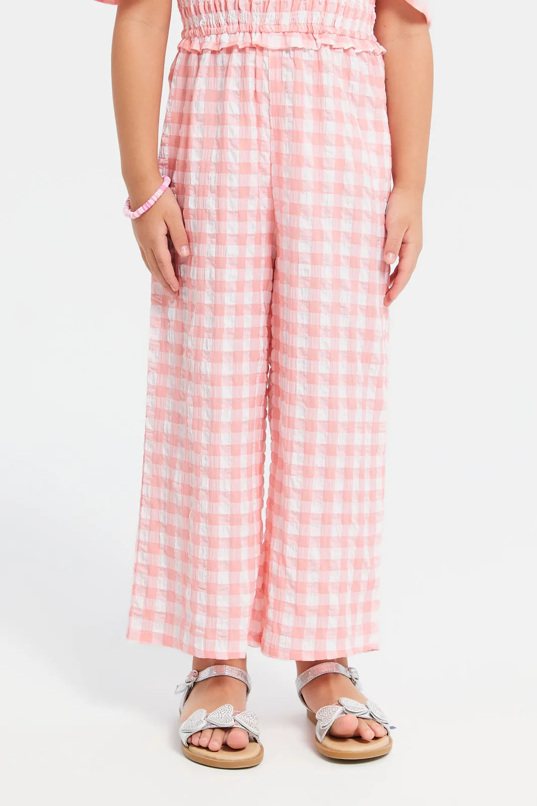 Girls Pink Checkered Jumpsuit