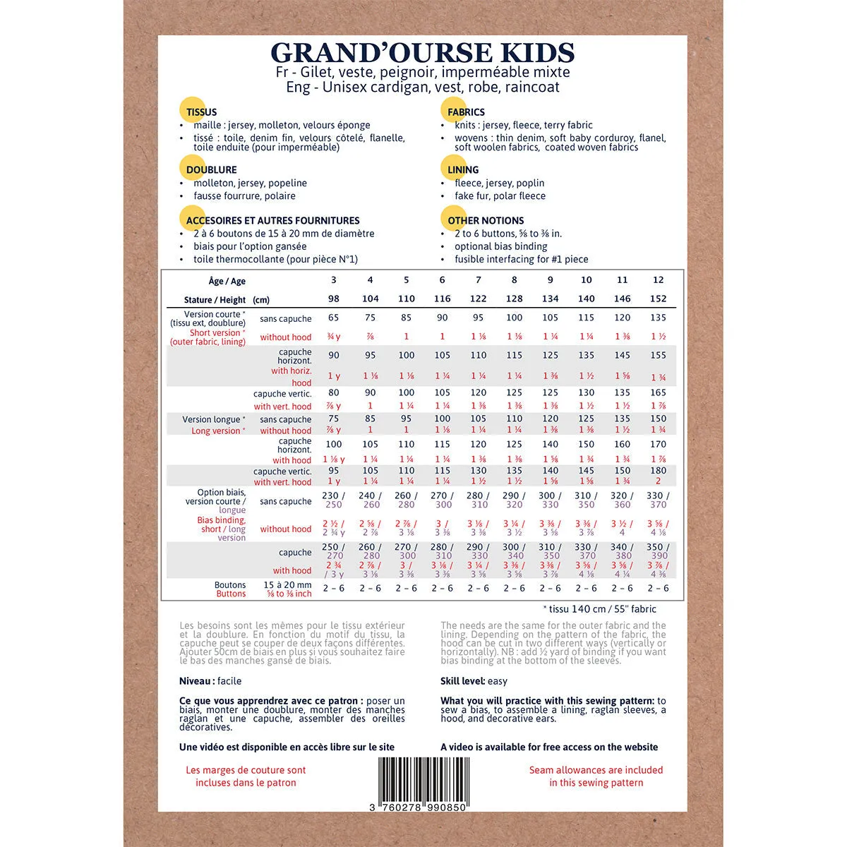 GRAND'OURSE Kids Cardigan - 3-12Y - Paper sewing pattern