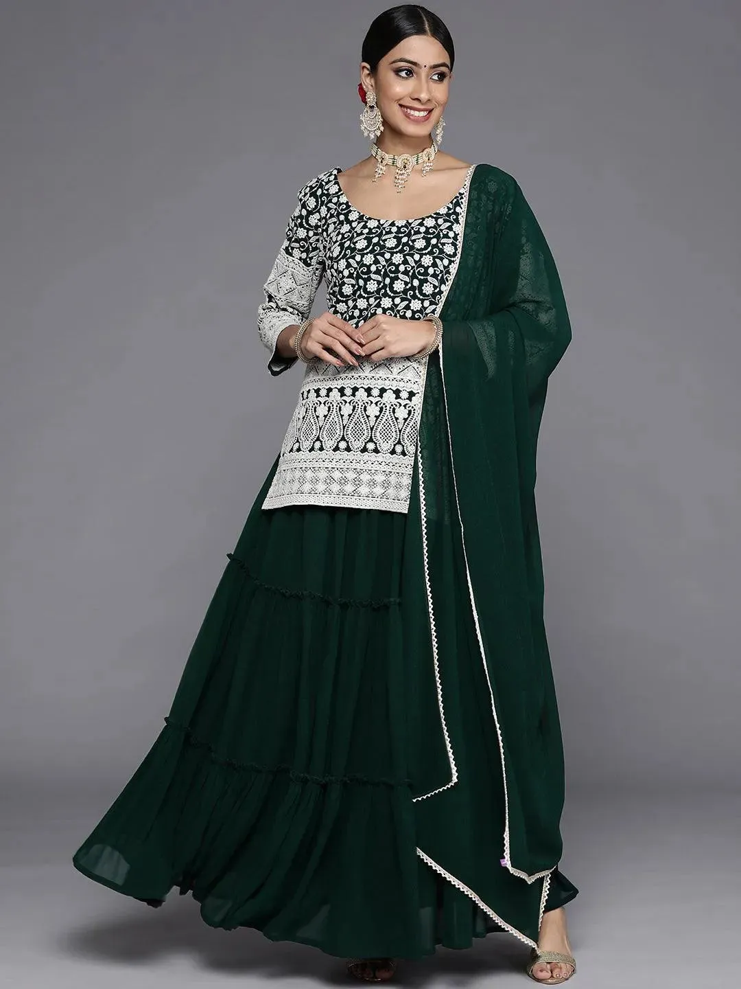 Green Embroidered Georgette Straight Kurta With Skirt & Dupatta