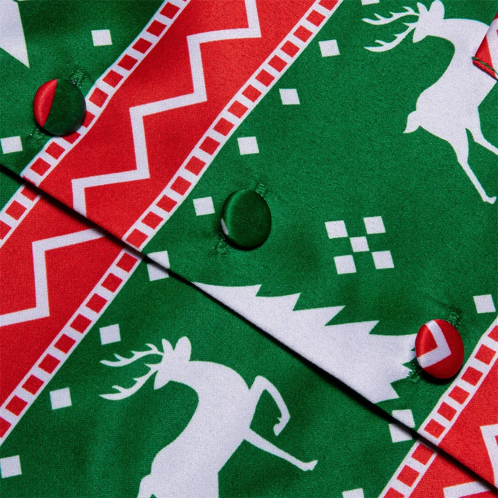 Hi-Tie Mens Waistcoat Green Red Christmas Elements Vest Necktie Set