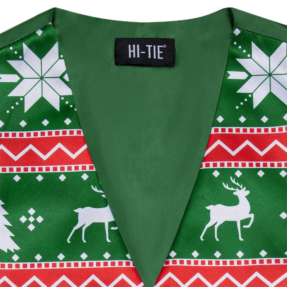Hi-Tie Mens Waistcoat Green Red Christmas Elements Vest Necktie Set