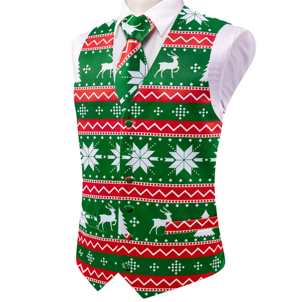 Hi-Tie Mens Waistcoat Green Red Christmas Elements Vest Necktie Set