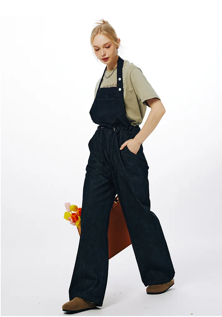 I'M ONE Women's retro casual tide cool adjustable hanging neck denim jumpsuit summer new