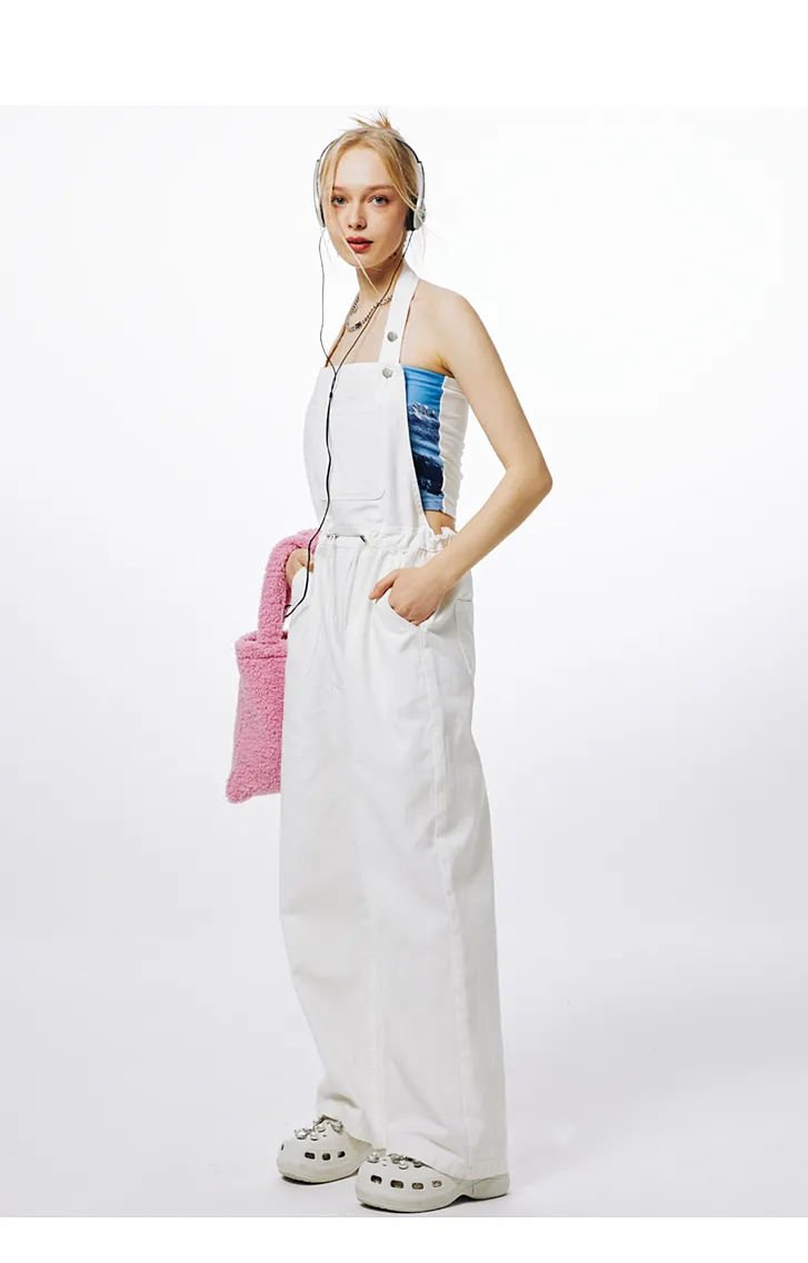 I'M ONE Women's retro casual tide cool adjustable hanging neck denim jumpsuit summer new