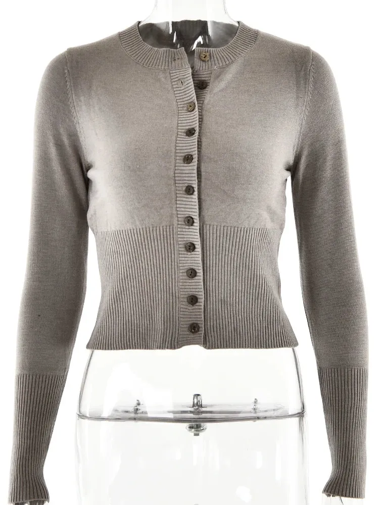 JULISSA MO Long Sleeve Knitted Single-breasted Buttons Cardigan Sweater Women Crew Skinny Versatile Ribbed Woolen Bottom Top