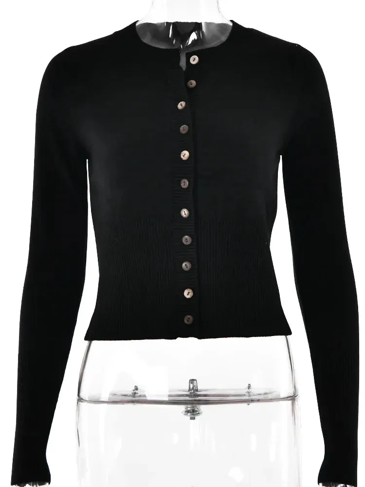 JULISSA MO Long Sleeve Knitted Single-breasted Buttons Cardigan Sweater Women Crew Skinny Versatile Ribbed Woolen Bottom Top