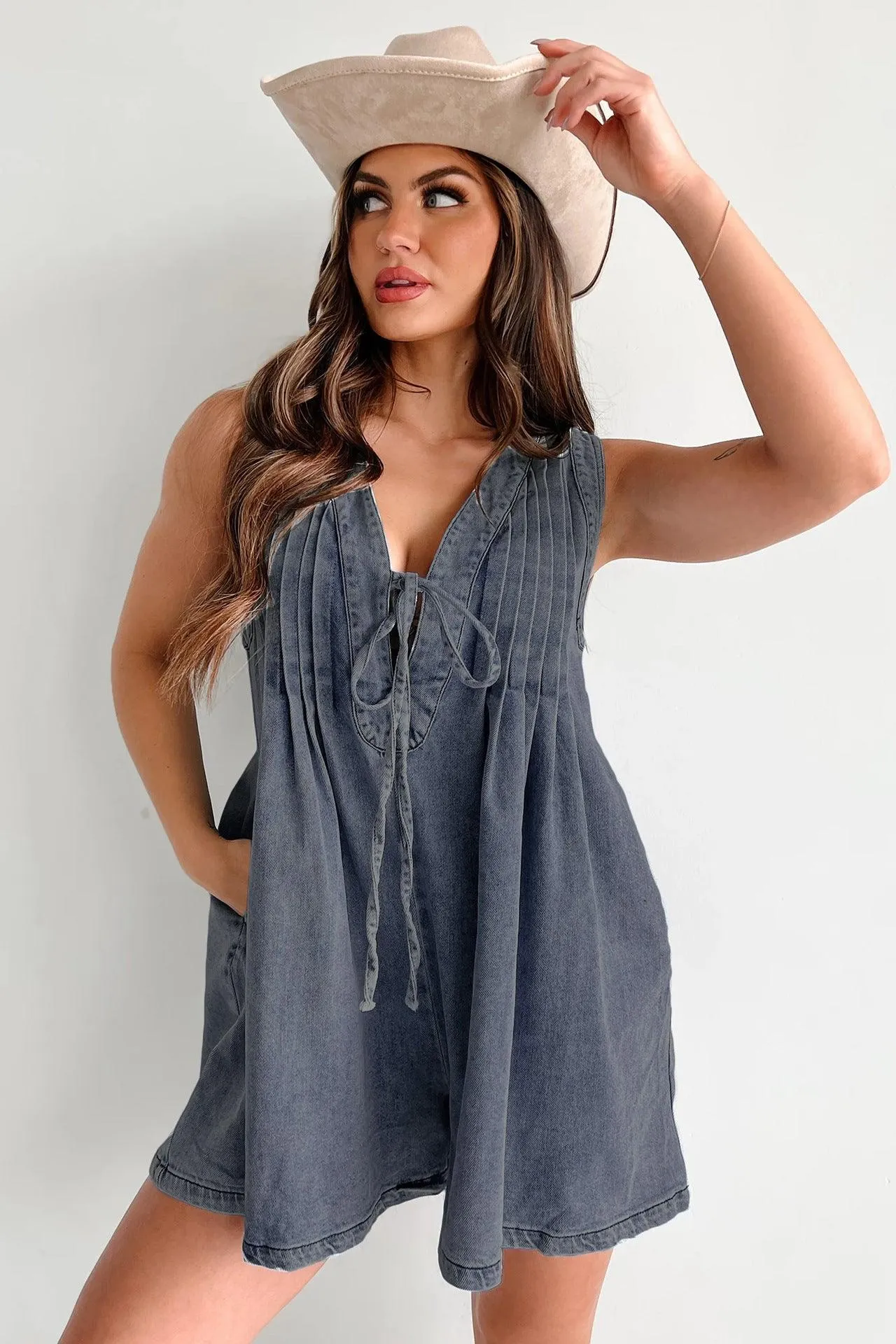 Ladies Tie Front V Neck Sleeveless Denim Jumpsuit 9025