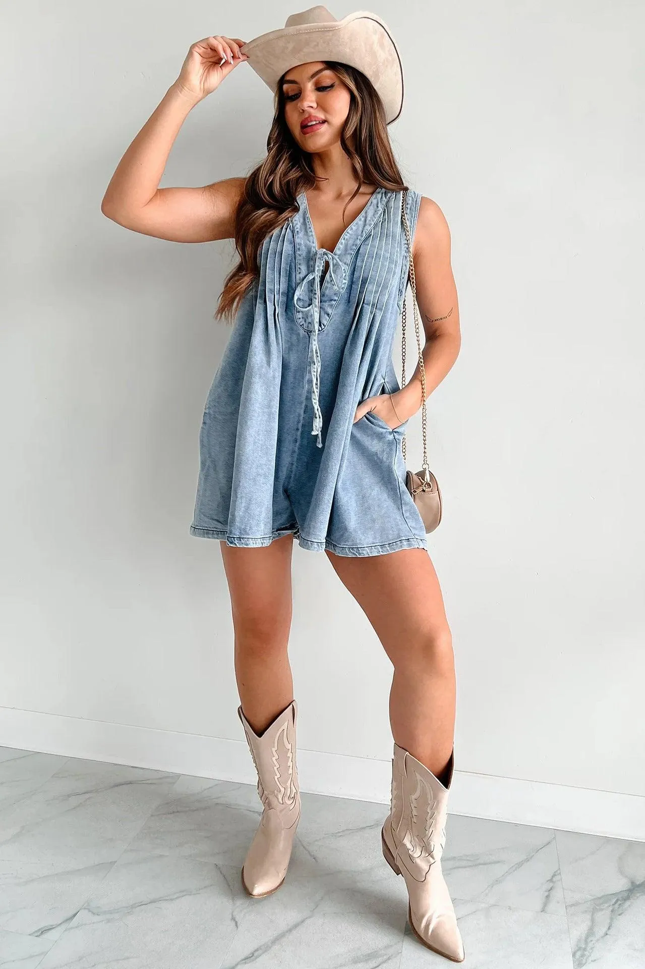 Ladies Tie Front V Neck Sleeveless Denim Jumpsuit 9025