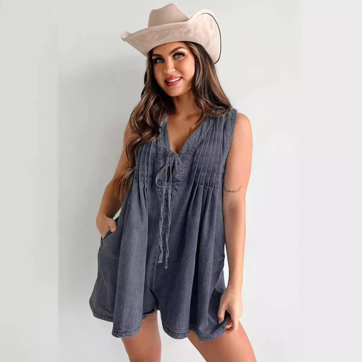 Ladies Tie Front V Neck Sleeveless Denim Jumpsuit 9025