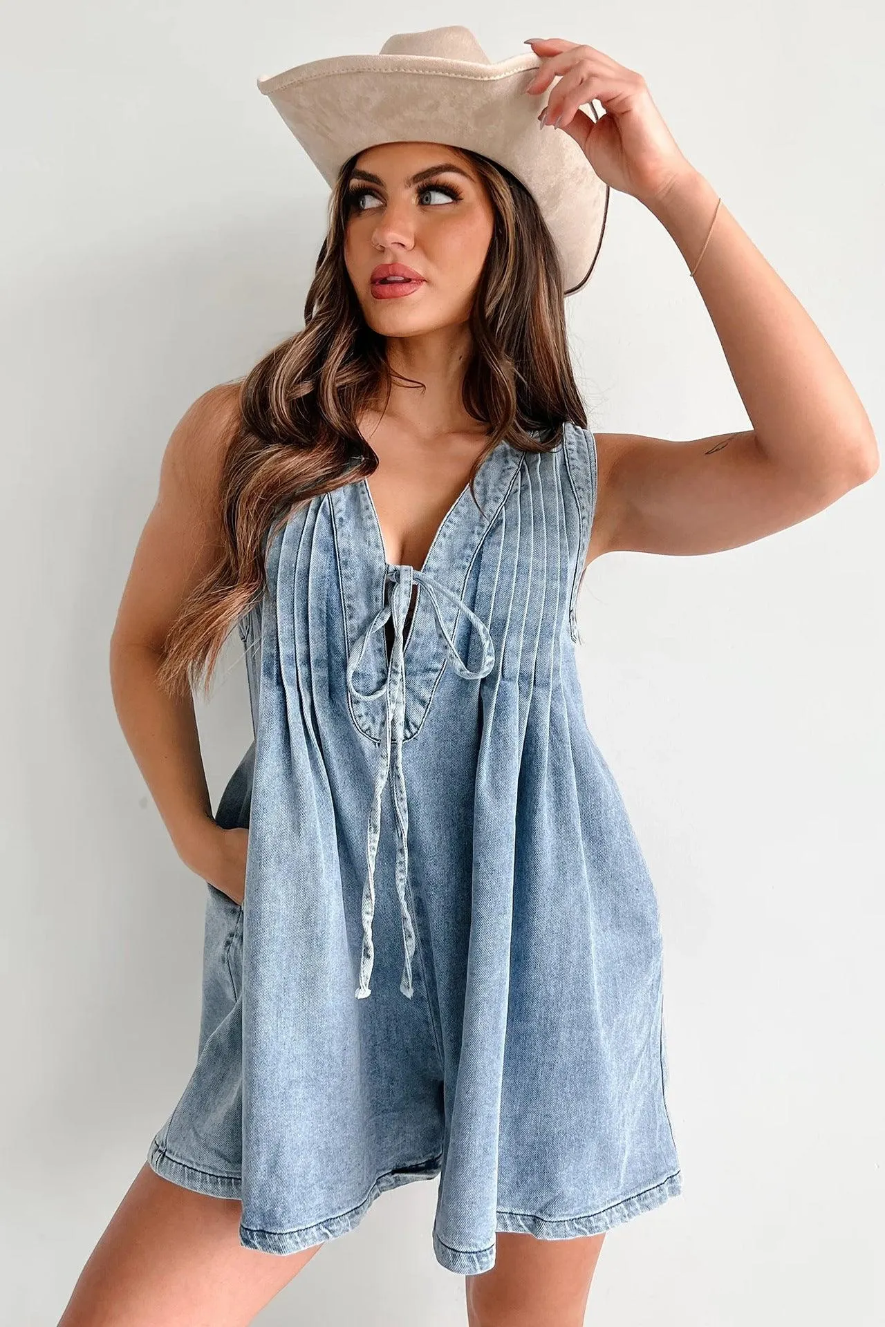 Ladies Tie Front V Neck Sleeveless Denim Jumpsuit 9025