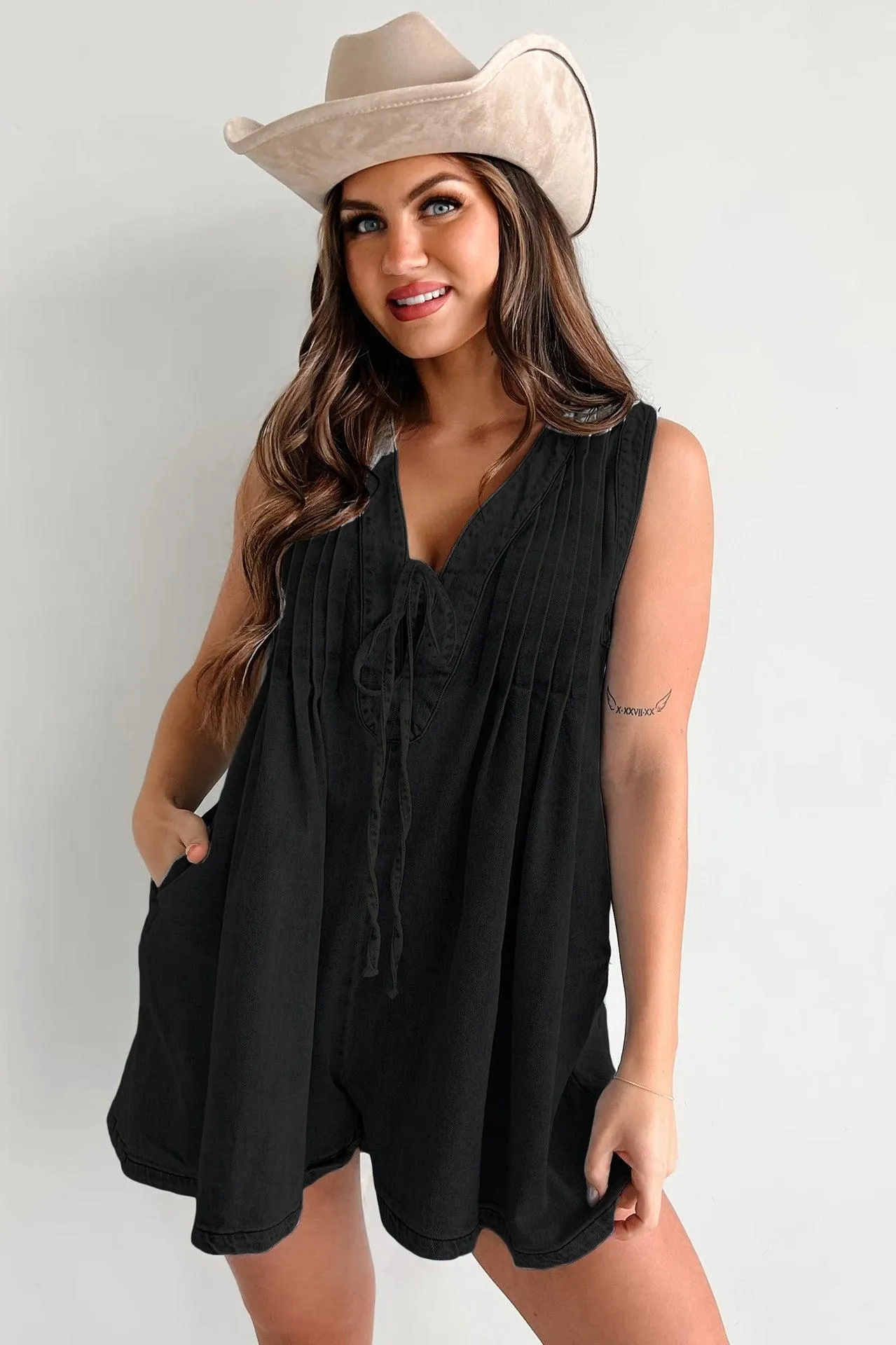 Ladies Tie Front V Neck Sleeveless Denim Jumpsuit 9025