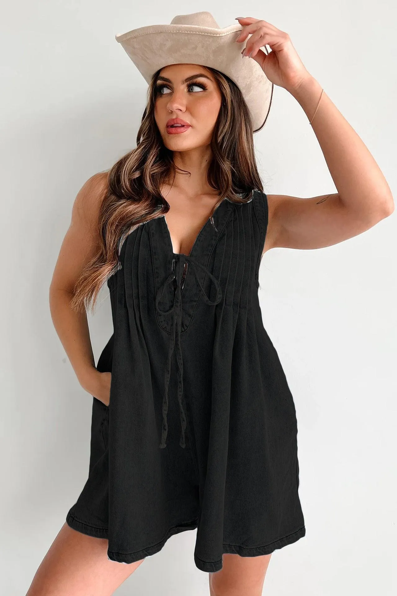 Ladies Tie Front V Neck Sleeveless Denim Jumpsuit 9025