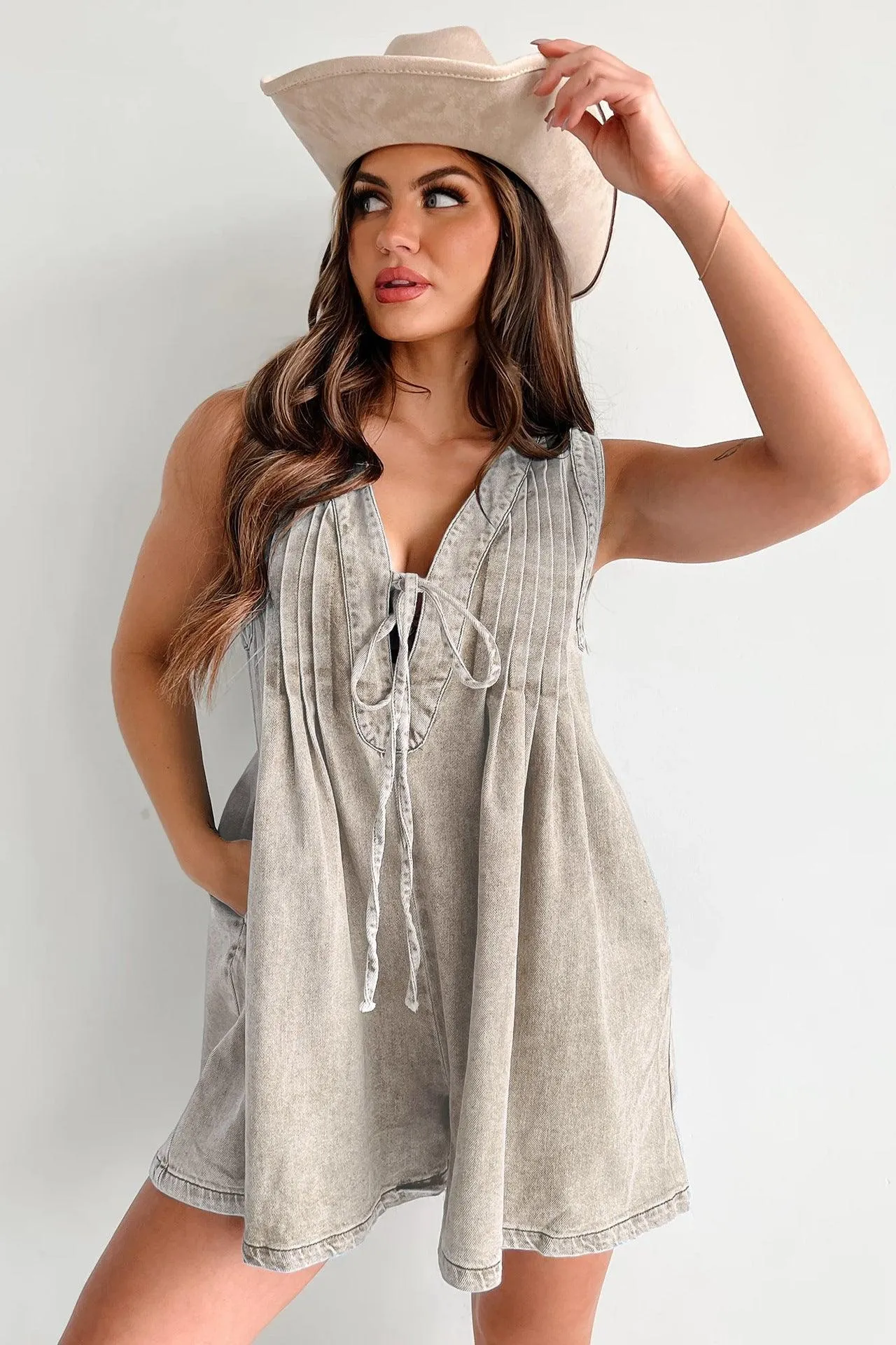 Ladies Tie Front V Neck Sleeveless Denim Jumpsuit 9025